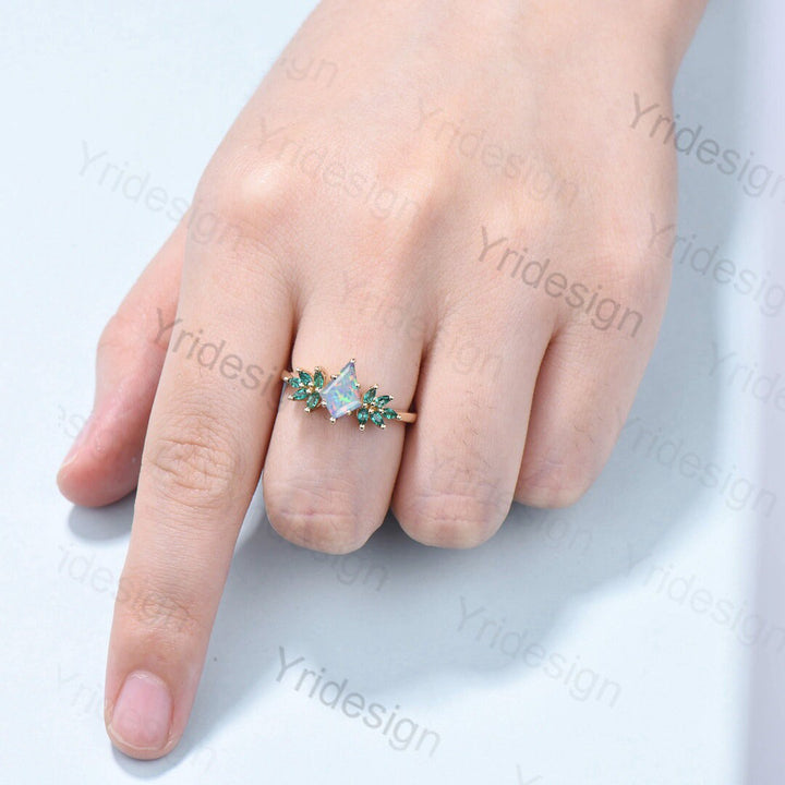 Vintage fire opal engagement ring kite cut Unique cluster emerald wedding ring for women Gold art deco birthday anniversary promise ring - PENFINE