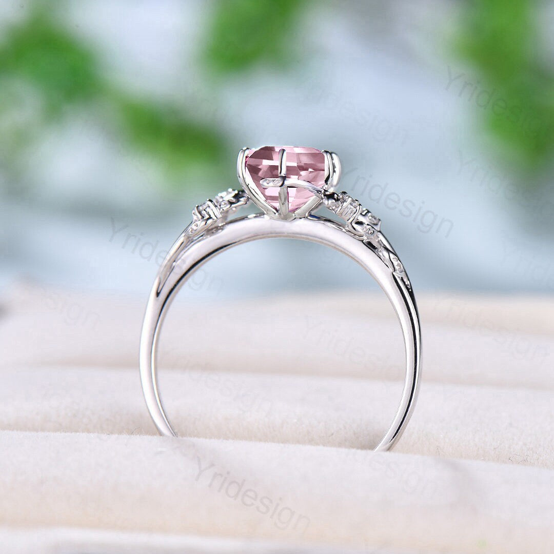 Natural Inspired Rose Quartz Ring Vintage Unique Silver Twig Engagement Ring Leaf Branch Pink Crystal Wedding Ring Women Anniversary Gift - PENFINE