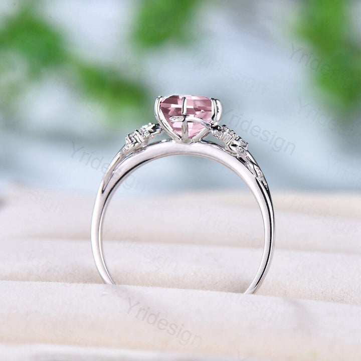 Natural Inspired Rose Quartz Ring Vintage Unique Silver Twig Engagement Ring Leaf Branch Pink Crystal Wedding Ring Women Anniversary Gift - PENFINE