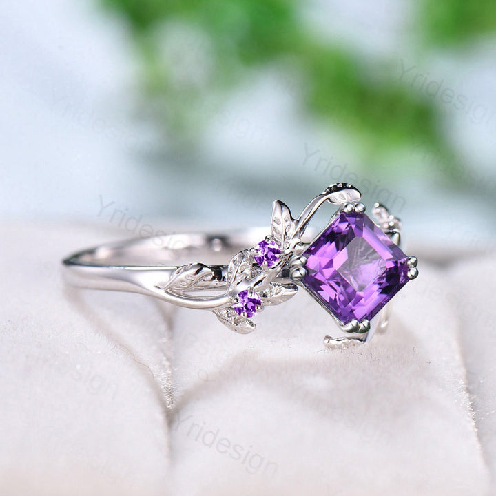 Elegant Asscher Cut Amethyst Ring Vintage Unique Twig Engagement Ring White Gold Leaf Branch Silver Wedding Ring Proposal Gift For Women - PENFINE