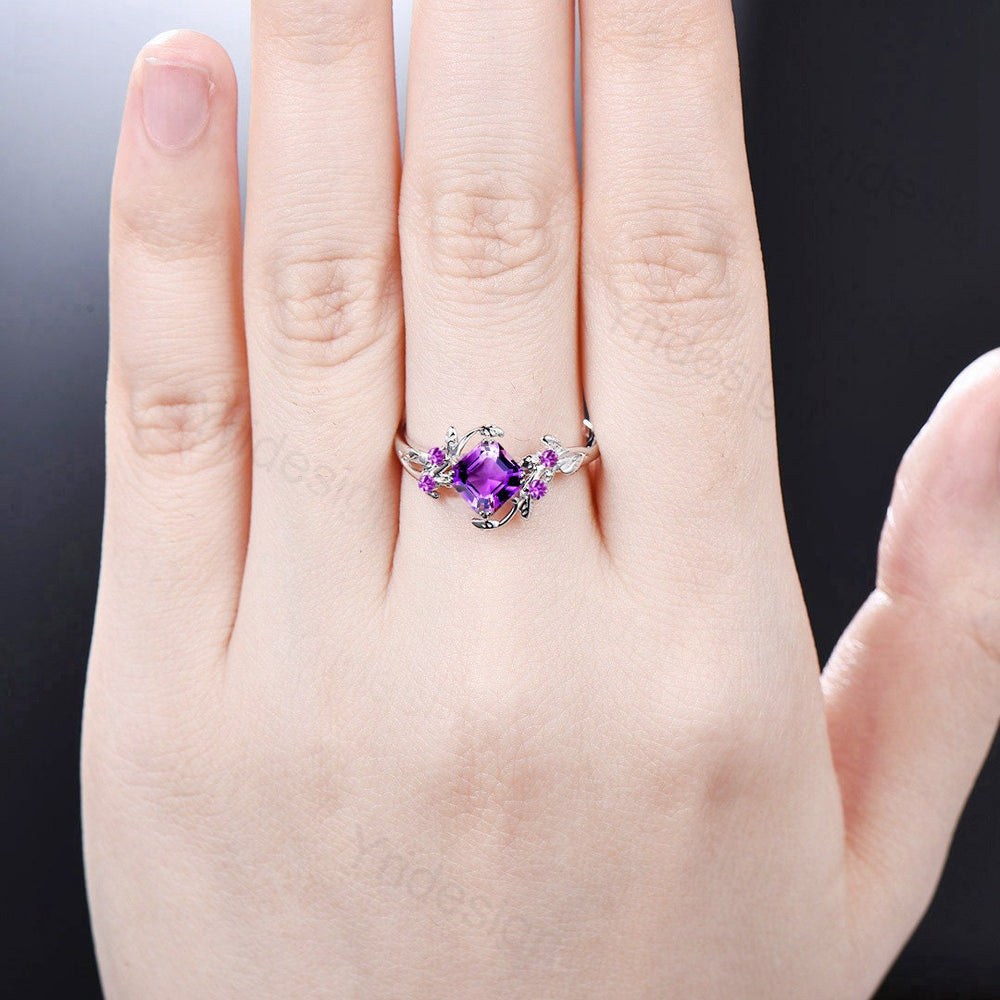 Elegant Asscher Cut Amethyst Ring Vintage Unique Twig Engagement Ring White Gold Leaf Branch Silver Wedding Ring Proposal Gift For Women - PENFINE