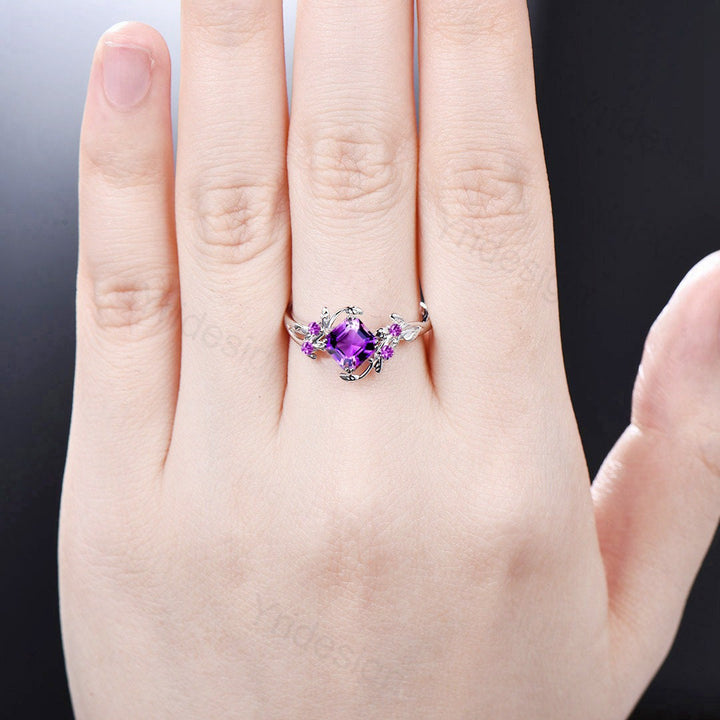 Elegant Asscher Cut Amethyst Ring Vintage Unique Twig Engagement Ring White Gold Leaf Branch Silver Wedding Ring Proposal Gift For Women - PENFINE