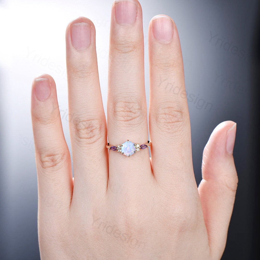 Hexagon opal ring dainty vintage fire white opal engagement ring art deco 7 stone amethyst moissanite promise ring rose gold for women - PENFINE