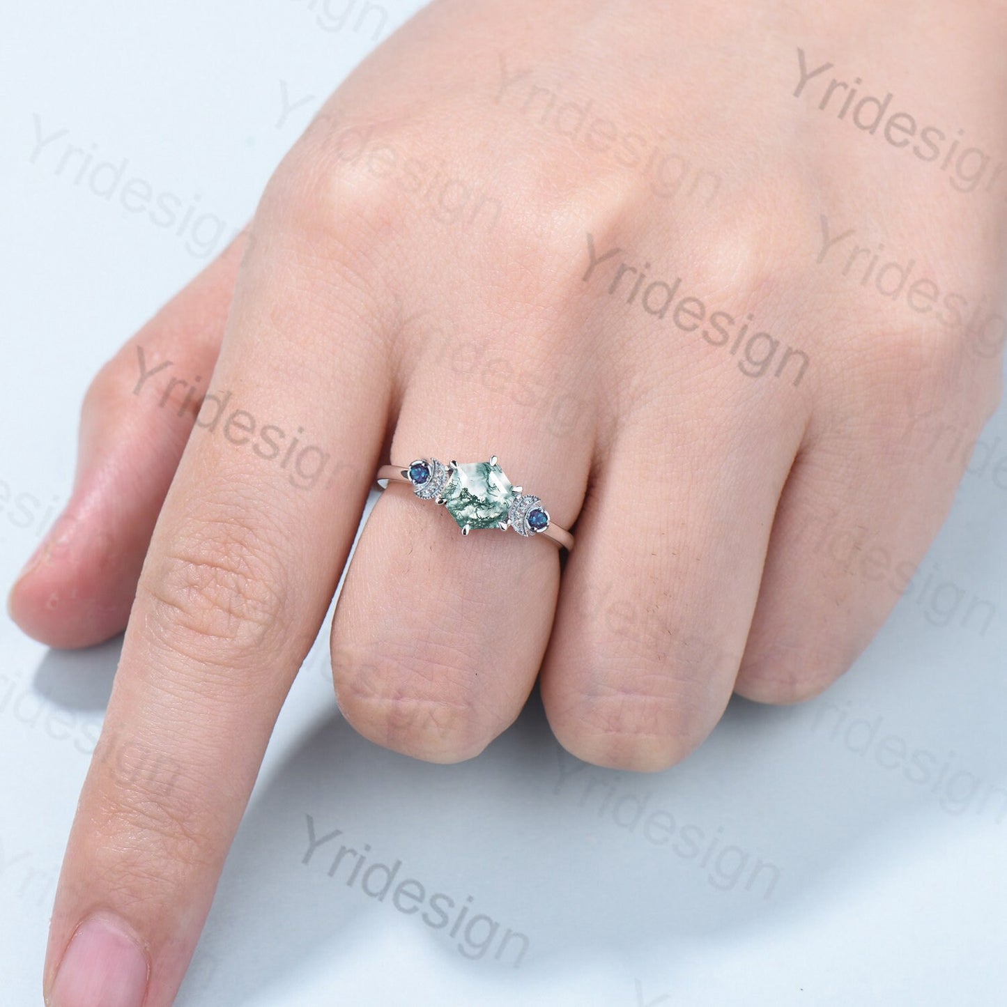 Unique hexagon moss agate engagement ring Magic celestial moon alexandrite wedding ring vintage crescent anniversary ring gift for women - PENFINE