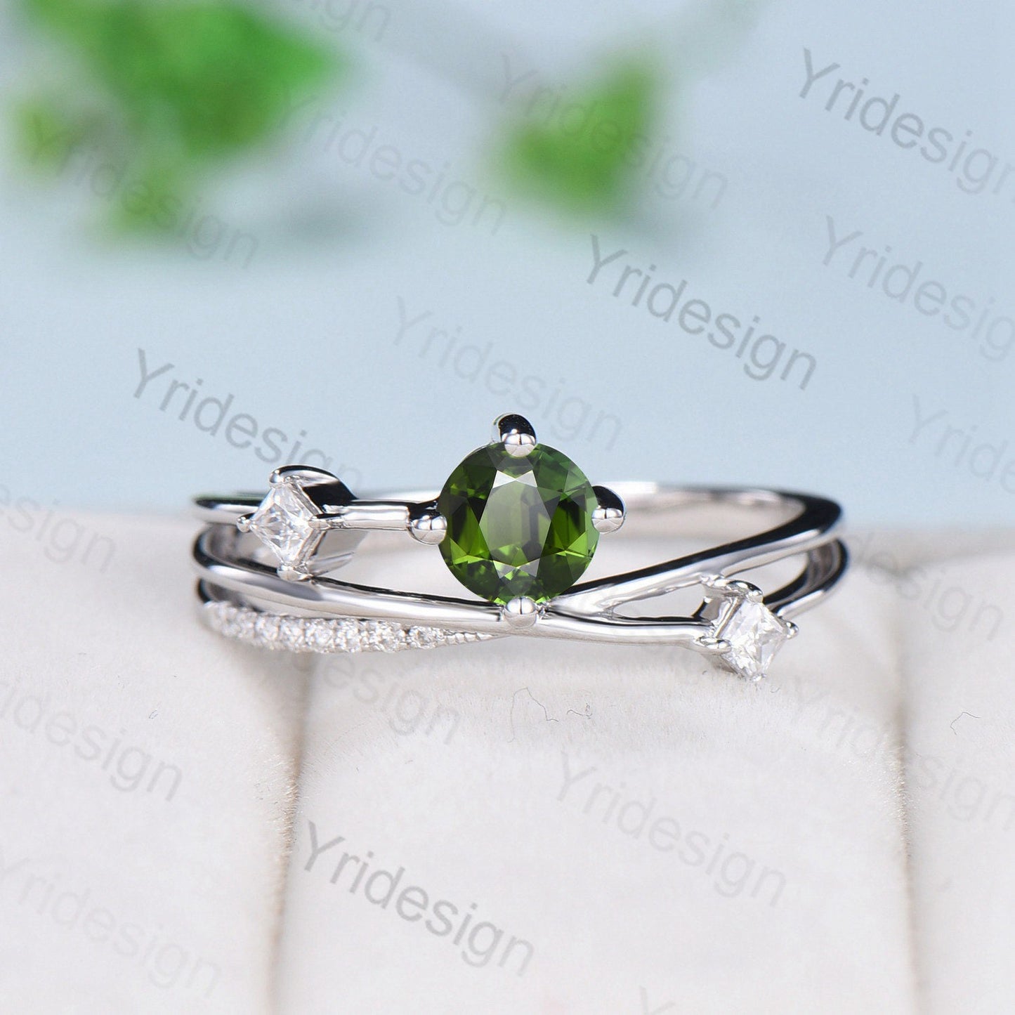 Unique green tourmaline engagement ring Twisted infinity moissanite wedding ring Vintage split shank bridal ring proposal gift for women - PENFINE