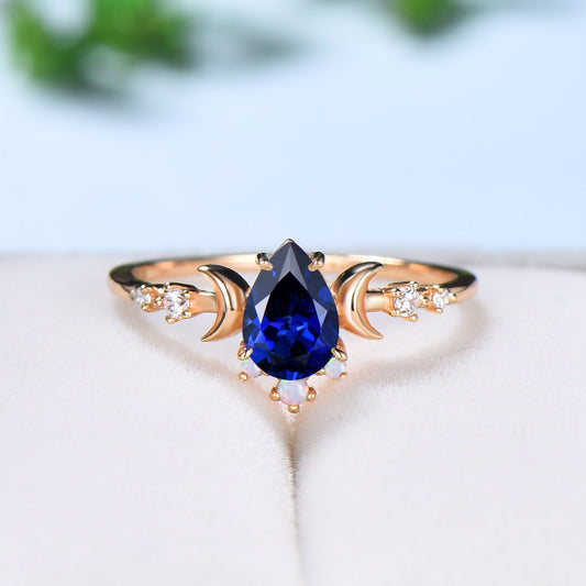 Vintage Sapphire Ring For Women Pear Shaped Moon Engagement Ring Unique Crescent moon opal wedding ring celestial anniversary Christmas Gift - PENFINE