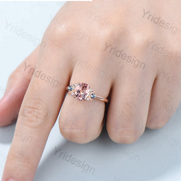 Vintage Moon Pink Morganite Ring Unique Nature Inspired Morganite Engagement Ring Alternative Cute Alexandrite Opal Wedding Ring For Women - PENFINE