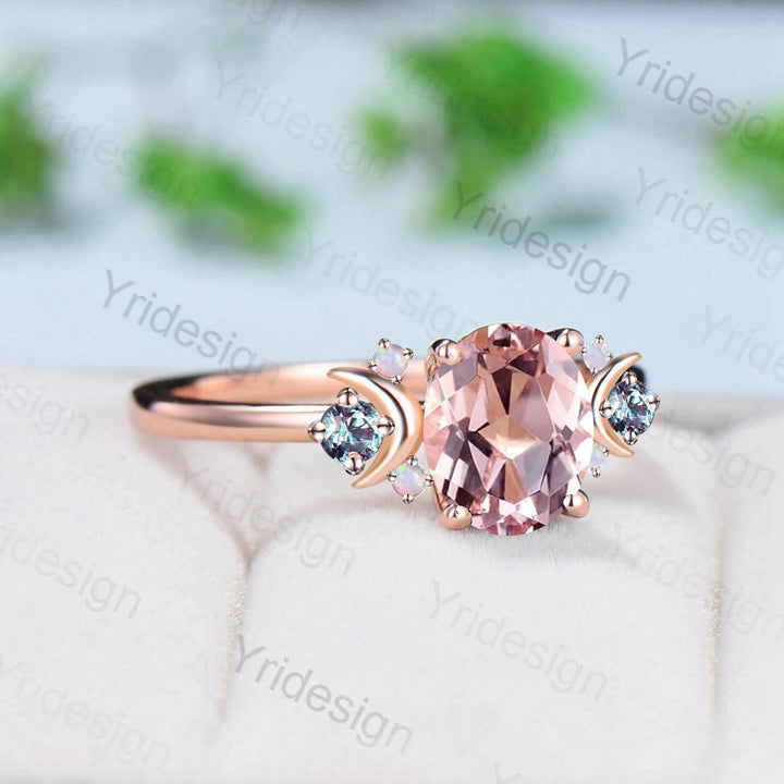 Vintage Moon Pink Morganite Ring Unique Nature Inspired Morganite Engagement Ring Alternative Cute Alexandrite Opal Wedding Ring For Women - PENFINE