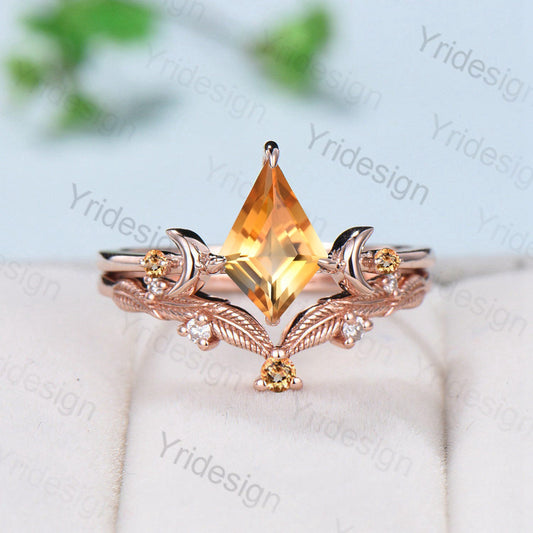 Vintage kite shaped citrine engagement ring set rose gold Unique celestial moon wedding ring for women band Yellow crystal promise ring - PENFINE