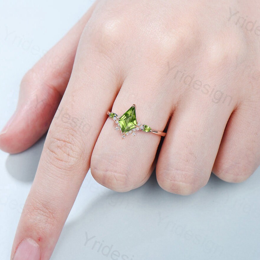 Vintage kite cut peridot engagement ring 14k rose gold marquise cut peridot wedding ring for women unique art deco bridal wedding gift - PENFINE