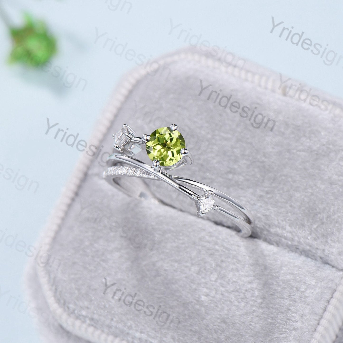 5mm Vintage peridot engagement ring Twisted green peridot gold wedding ring women Unique moissanite bridal ring split shank forever ring - PENFINE