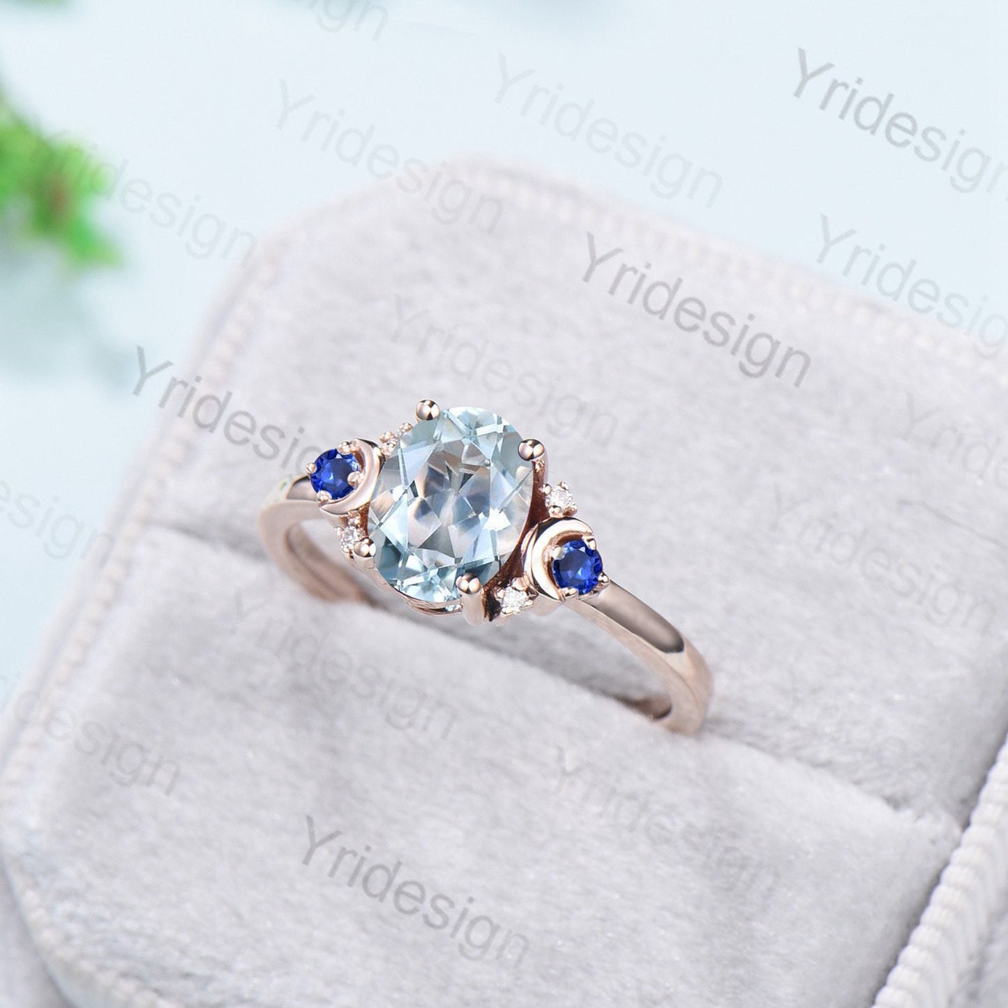 Vintage Aquamarine Engagement Ring Unique Nature Inspired Moon Cluster Sapphire Wedding Ring Unique Gold Alternative Promise Ring For Women - PENFINE