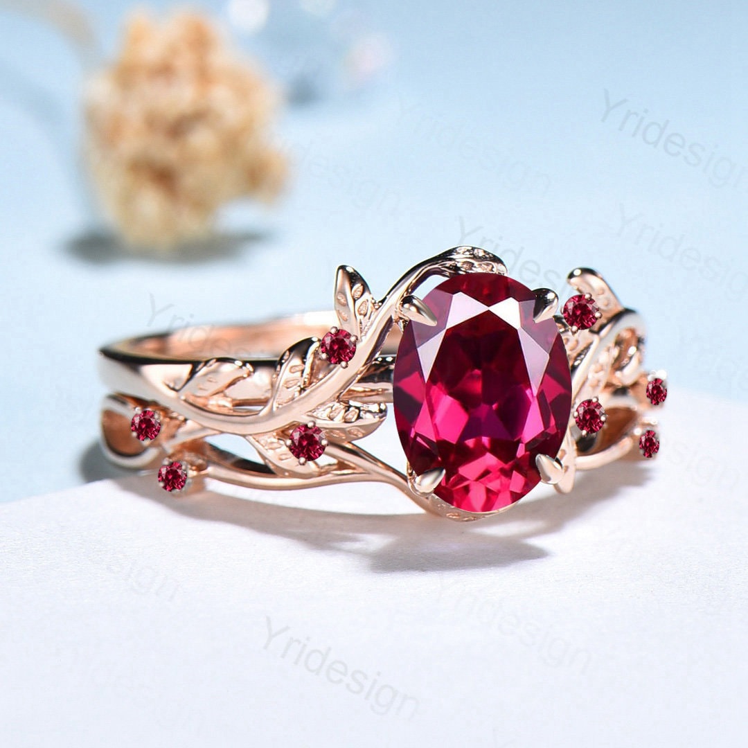 Vintage Twig Ruby Engagement Ring Set Natural Inspired cluster branch leaf ruby engagement ring women unique branch wedding ring set for her - PENFINE