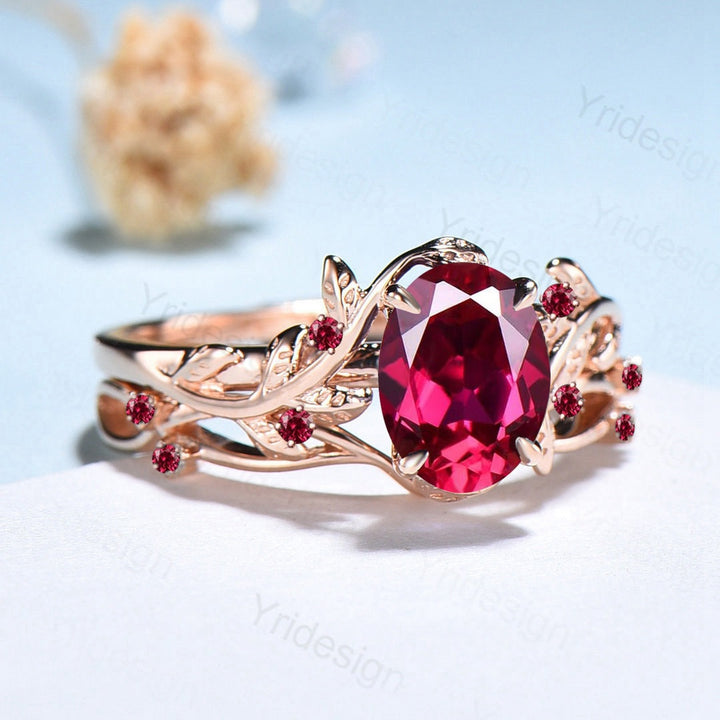 Vintage Twig Ruby Engagement Ring Set Natural Inspired cluster branch leaf ruby engagement ring women unique branch wedding ring set for her - PENFINE