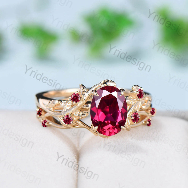 Vintage Twig Ruby Engagement Ring Set Natural Inspired cluster branch leaf ruby engagement ring women unique branch wedding ring set for her - PENFINE