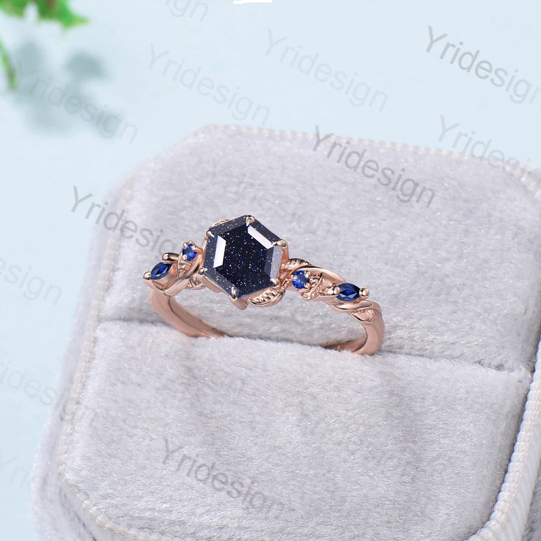 Nature Inspired  Blue Sandstone Engagement Ring Vine Twig Sapphire Wedding Band Branch Promise Ring Unique Handmade Proposal Gifts for Women - PENFINE
