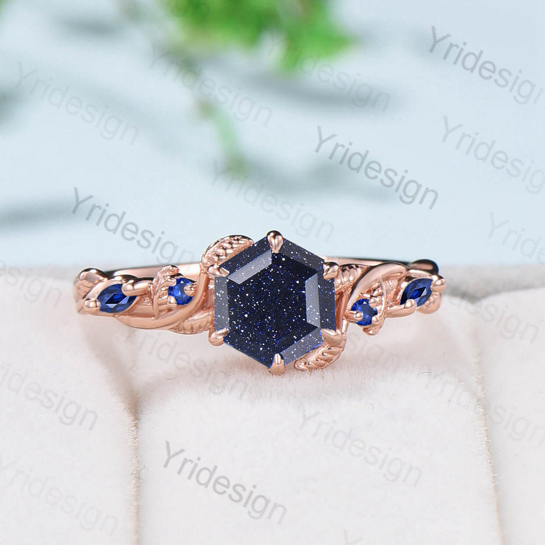 Nature Inspired  Blue Sandstone Engagement Ring Vine Twig Sapphire Wedding Band Branch Promise Ring Unique Handmade Proposal Gifts for Women - PENFINE