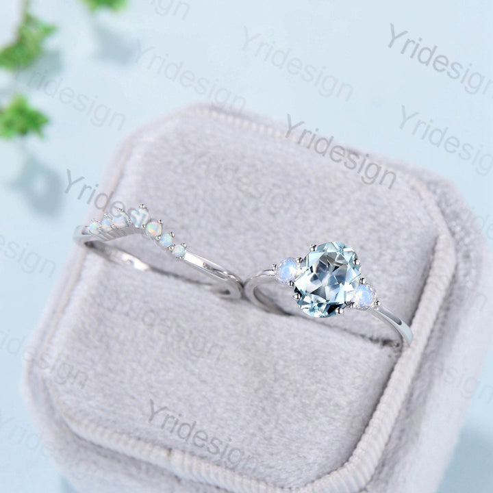 1.5CT Oval Aquamarine Engagement Ring Set Gold 3 Stone Moonstone Wedding Set Women art deco Alternative Opal Stacking Band Anniversary Gift - PENFINE