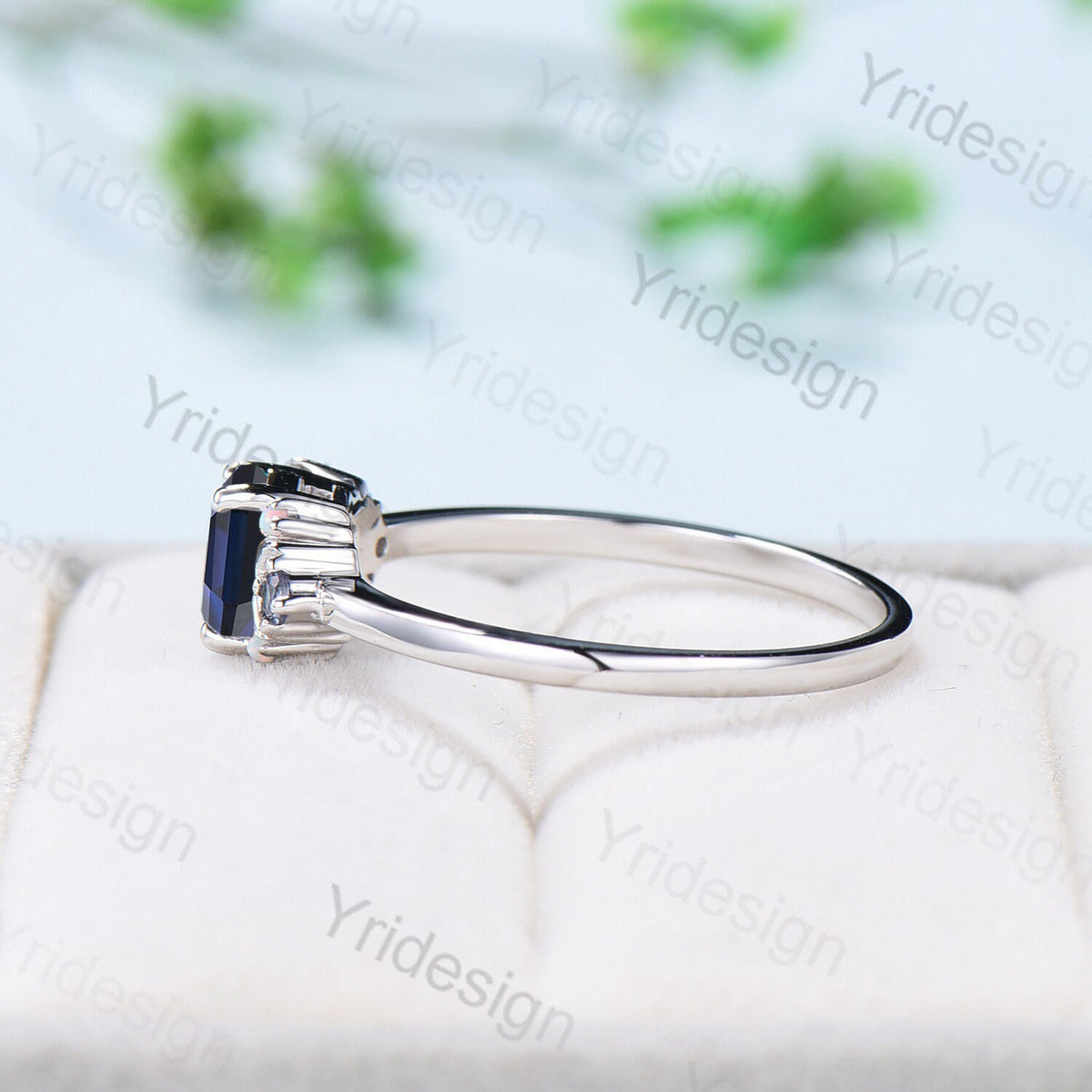 Vintage Moon Blue Sapphire Ring Unique Nature Inspired Hexagon Lab Sapphire Engagement Ring Cluster Alexandrite Opal Wedding Ring for her - PENFINE