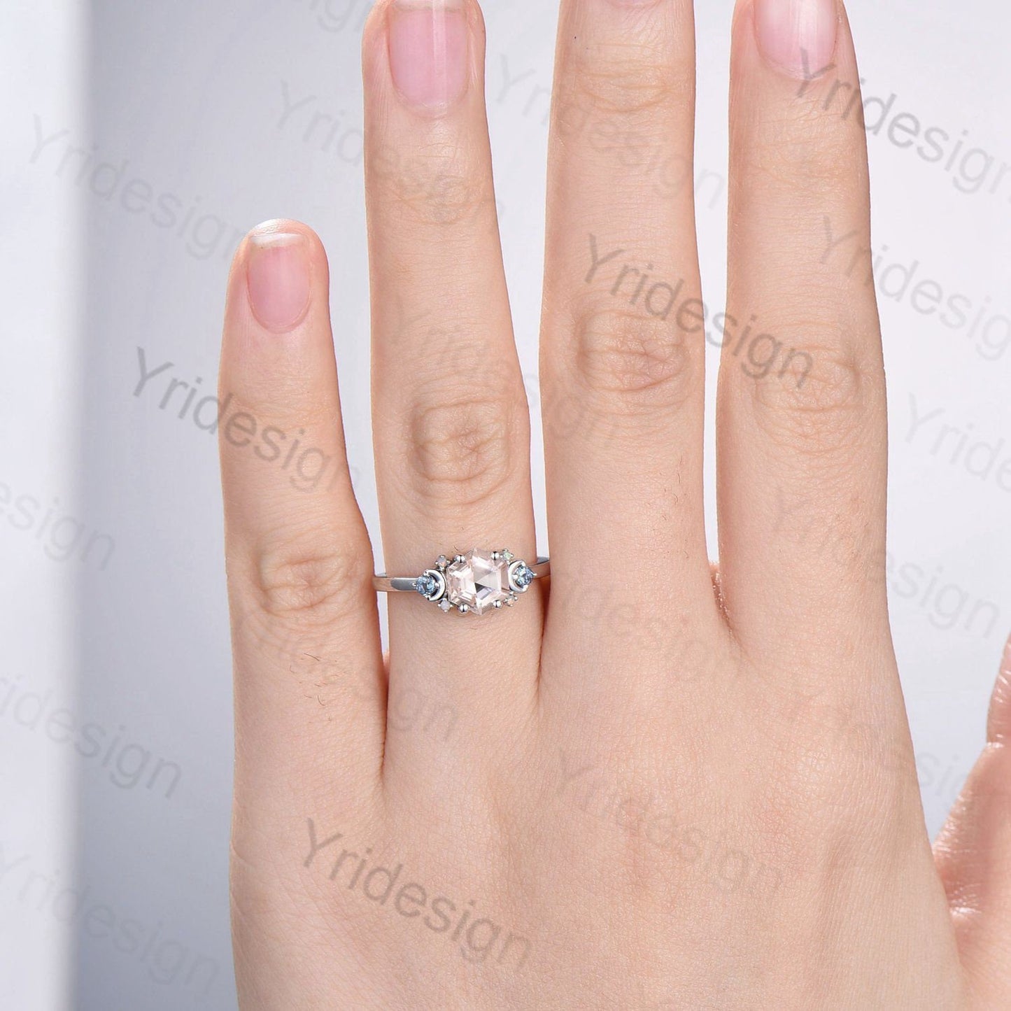 Vintage Hexagon Pink Morganite Ring Unique Nature Inspired Morganite Moon Engagement Ring Alternative Alexandrite Opal Wedding Ring Women - PENFINE
