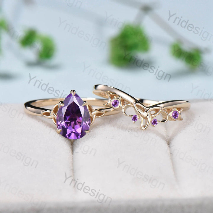 Vintage amethyst ring Nose Viking engagement ring set pear purple crystal wedding ring set women Unique Celtic Love Knot anniversary ring - PENFINE