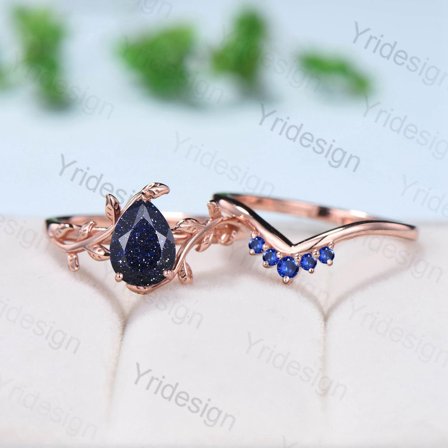 Nature Inspired Pear Shaped Blue Sandstone Engagement Rings Set Leaf Wedding Ring Set Vintage Blue Goldstone Promise Ring Proposal Gifts - PENFINE