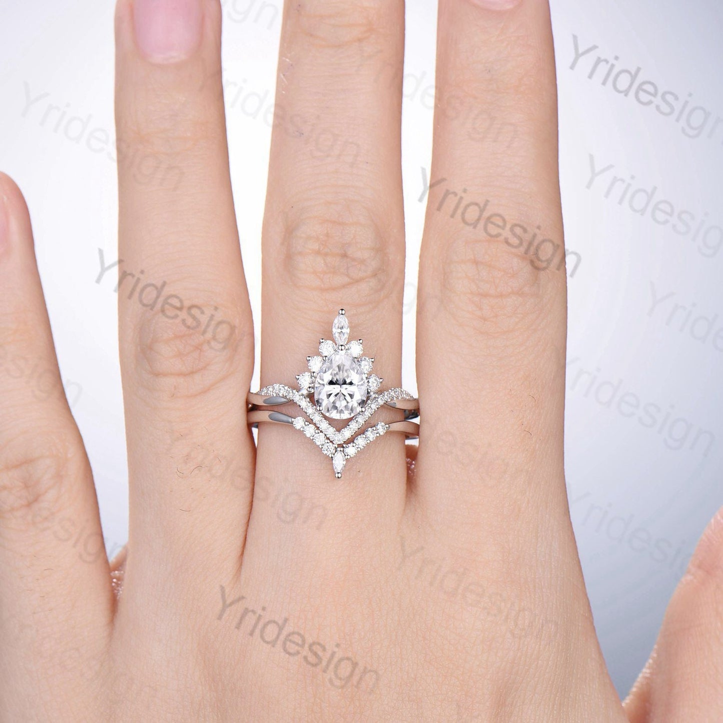 Vintage Retro Moissanite engagement ring set Vintage Pear shaped Moissanite wedding ring set white gold Unique Twisted Promise ring for her - PENFINE