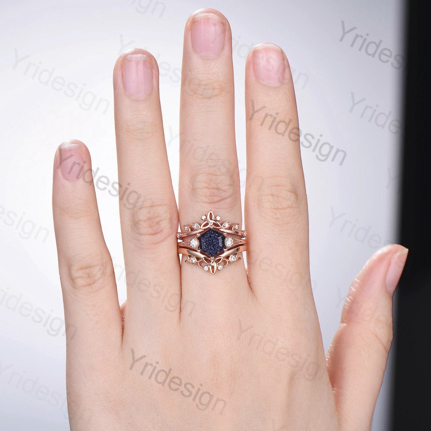 Vintage Retro Blue Sandstone Ring Set Silver Gold Engagement Ring Anniversary Gift For Her Rose Gold Hexagon Bridal Ring Set Proposal Gift - PENFINE