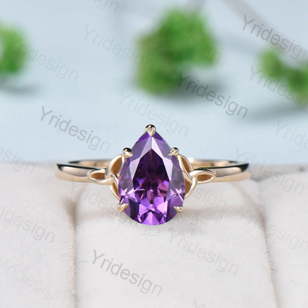 Vintage amethyst ring Nose Viking engagement ring set pear purple crystal wedding ring set women Unique Celtic Love Knot anniversary ring - PENFINE