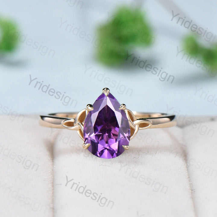 Vintage amethyst ring Nose Viking engagement ring set pear purple crystal wedding ring set women Unique Celtic Love Knot anniversary ring - PENFINE