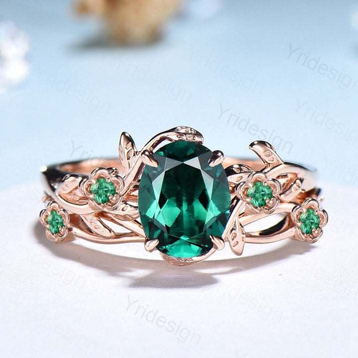 Floral flower emerald Ring Nature Inspired emerald wedding ring set vintage unique twig leaf engagement ring Art deco Branch bridal ring set - PENFINE