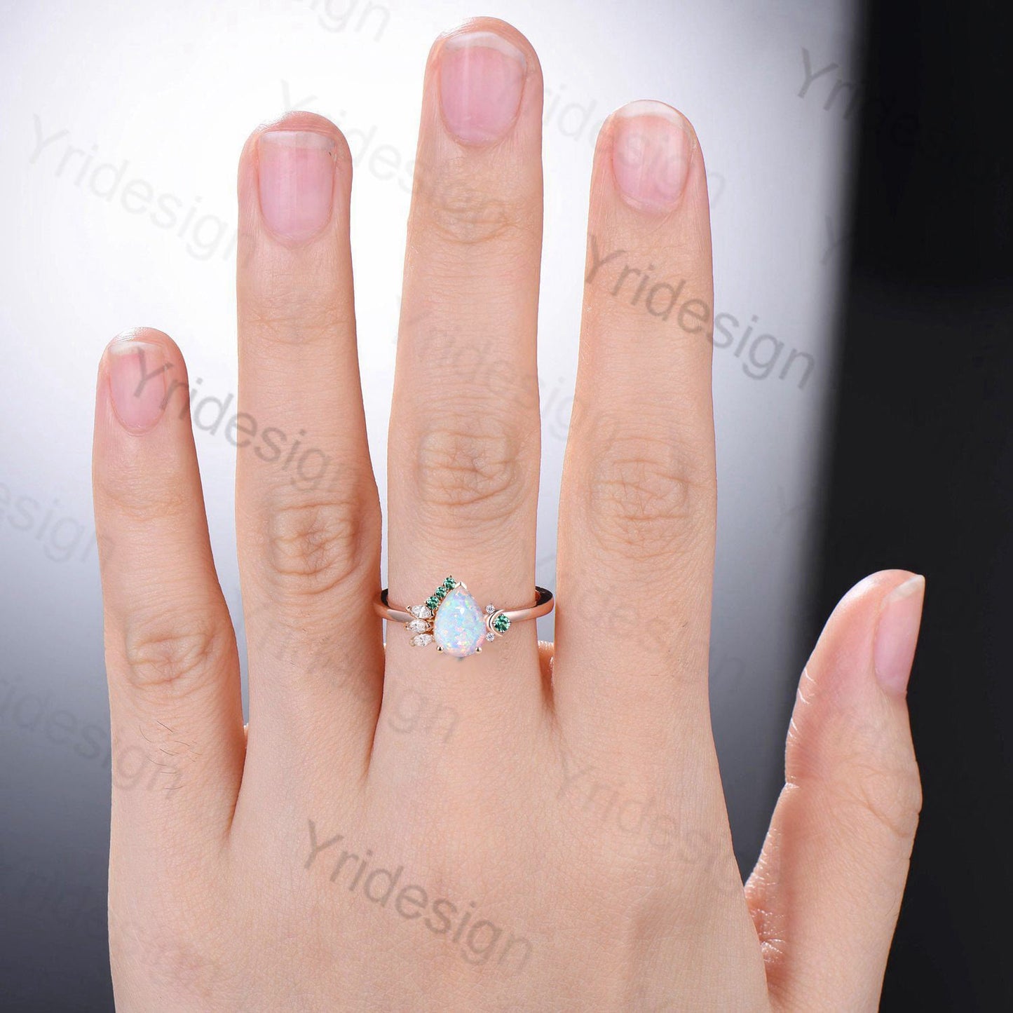 Unique Pear Shaped Emerald Engagement Ring Vintage Green Crystal Wedding Ring Art Deco Cluster Moon Anniversary Ring Proposal Gift for Women - PENFINE