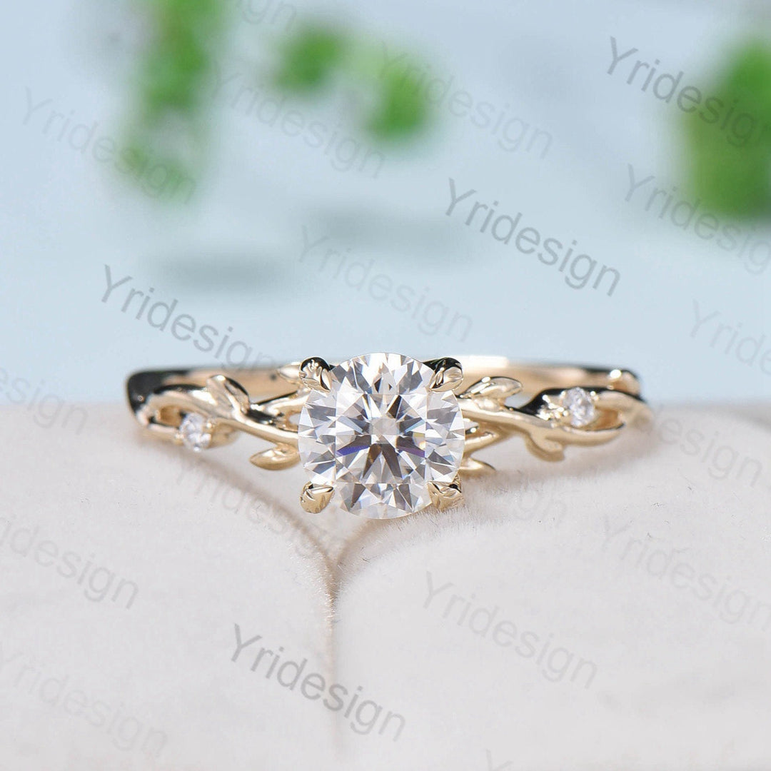 Round Brilliant Moissanite ring Leaf Branch Moissanite Engagement Ring 14K Yellow Gold Nature Inspired Wedding Ring Unique Twig Promise Ring - PENFINE