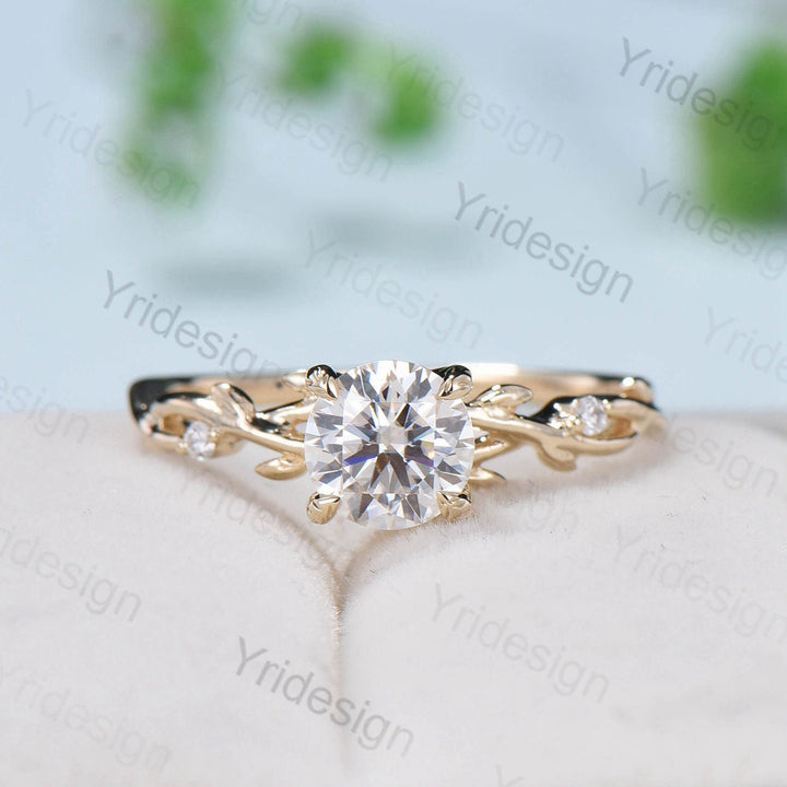 Round Brilliant Moissanite ring Leaf Branch Moissanite Engagement Ring 14K Yellow Gold Nature Inspired Wedding Ring Unique Twig Promise Ring - PENFINE