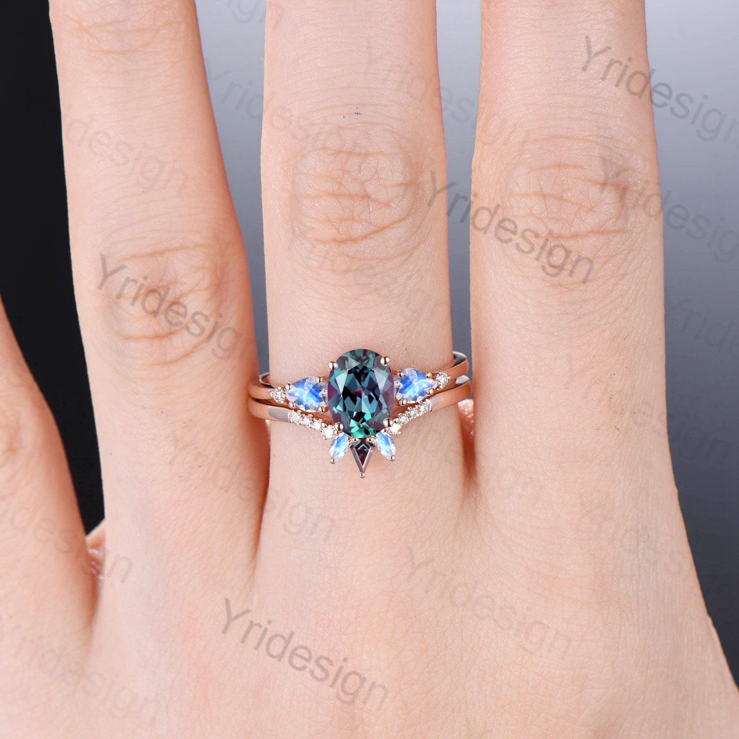 Vintage Oval Alexandrite Engagement Ring Set Unique Pear Moonstone Wedding Set Crown Art Deco Stacking Ring June Birthstone Bridal Set Gift - PENFINE