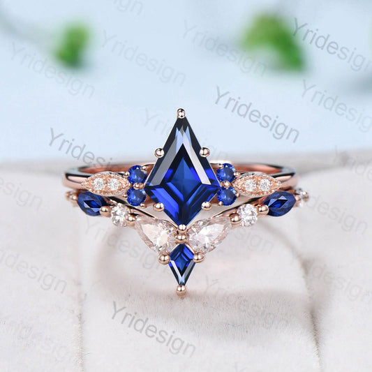 Vintage  Sapphire Ring Kite Cut Cluster Blue Sapphire Engagement Ring Set Unique Silver Rose Gold Milgrain Moissanite Wedding Set  For Women - PENFINE