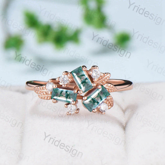 Unique Baguette Moss agate Wedding Ring Green Agate Leaf Wedding Band Women Green Crystal Stacking Cluster Moissanite Ring Anniversary Gift - PENFINE