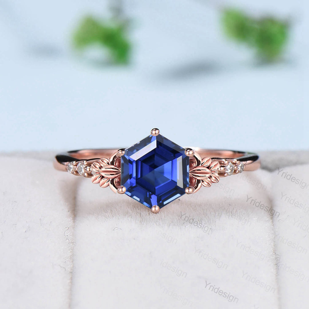 Retro Hexagon sapphire ruby engagement ring set Nature Inspired leaf blue sapphire wedding ring vintage cluster flower bridal set for women - PENFINE