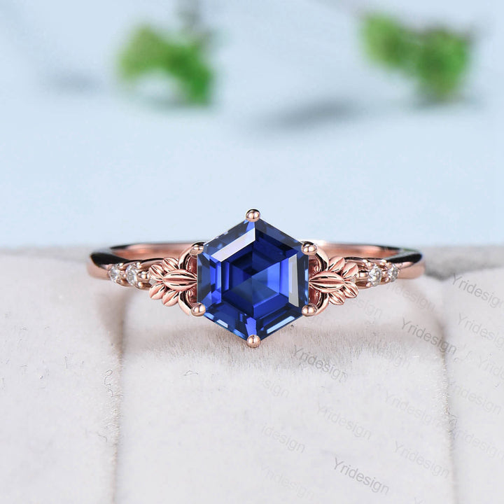 Retro Hexagon sapphire ruby engagement ring set Nature Inspired leaf blue sapphire wedding ring vintage cluster flower bridal set for women - PENFINE