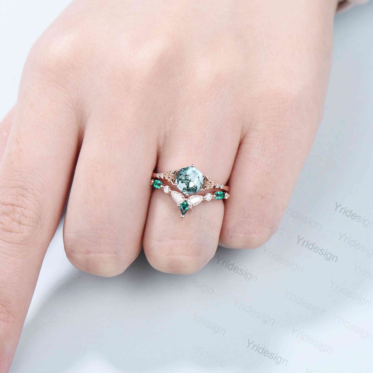 Nature Inspired Moss Agate Ring Vintage Unique Green Agate Leaf Floral Engagement Ring Art Deco Leaves Flower Emerald Wedding Set For Women - PENFINE