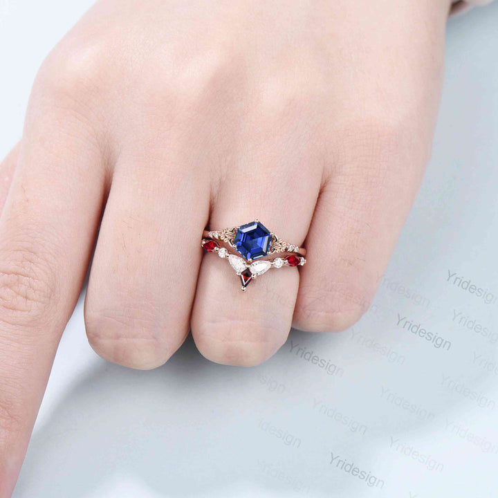 Retro Hexagon sapphire ruby engagement ring set Nature Inspired leaf blue sapphire wedding ring vintage cluster flower bridal set for women - PENFINE