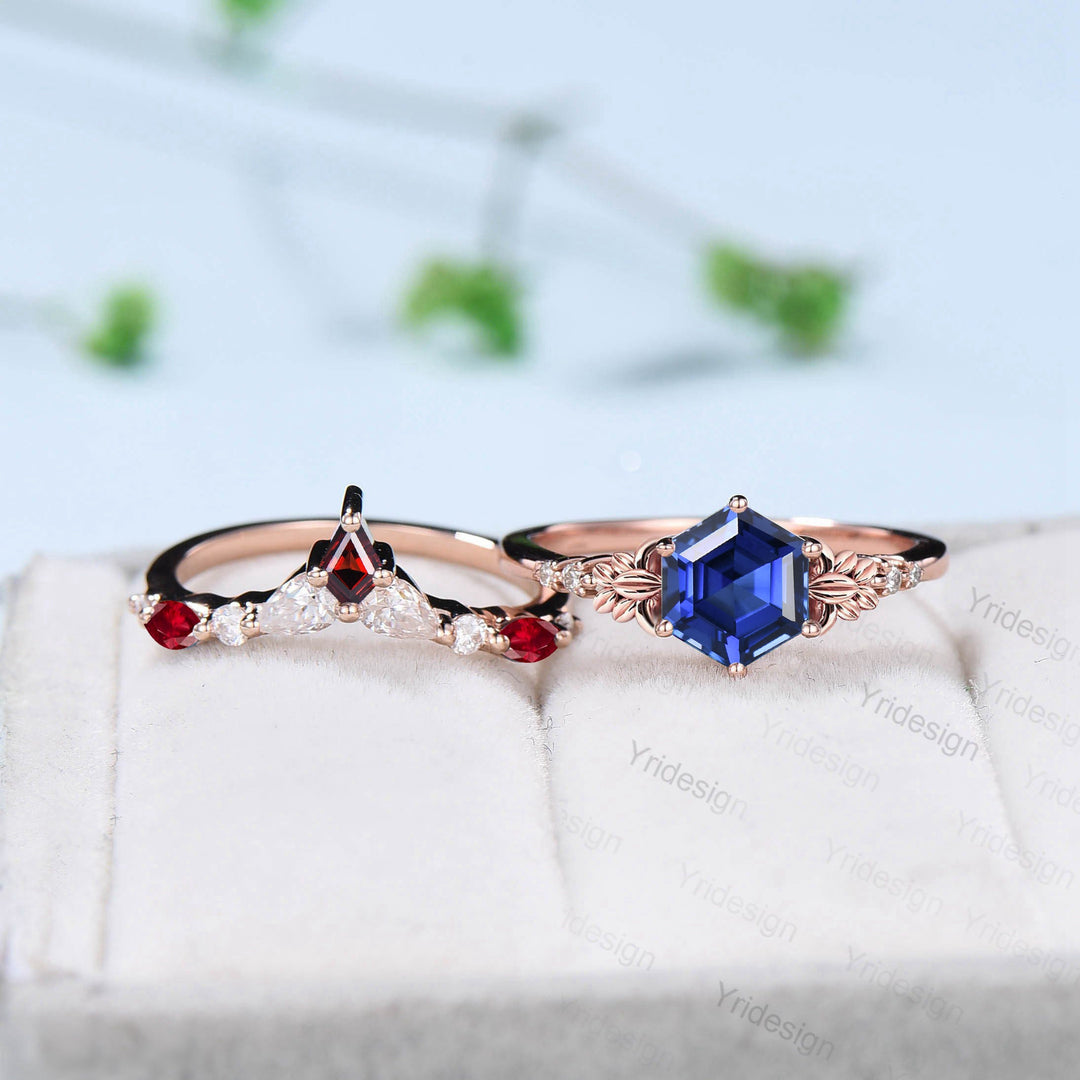 Retro Hexagon sapphire ruby engagement ring set Nature Inspired leaf blue sapphire wedding ring vintage cluster flower bridal set for women - PENFINE