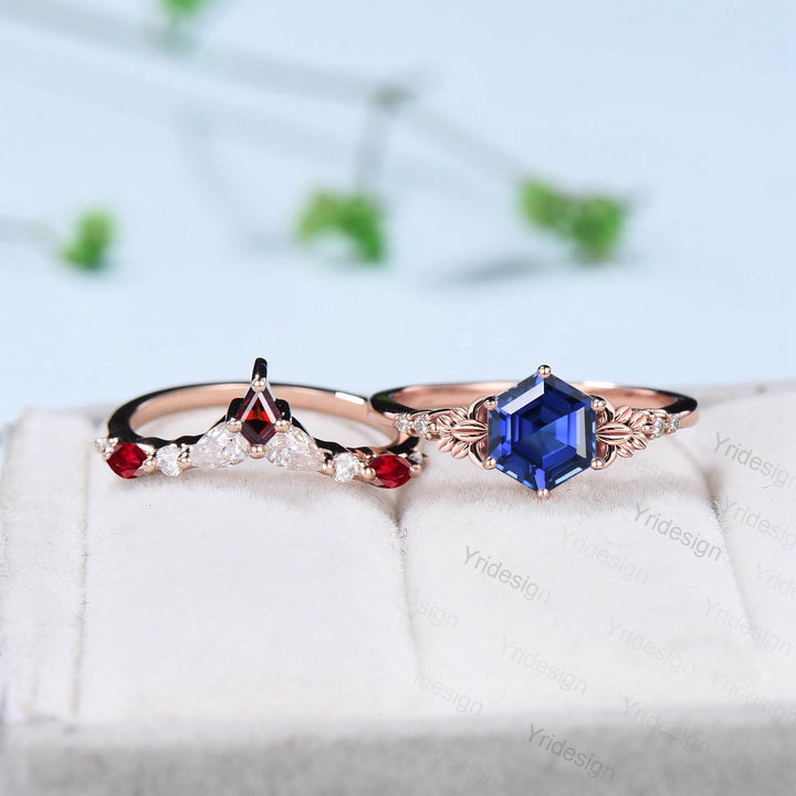 Retro Hexagon sapphire ruby engagement ring set Nature Inspired leaf blue sapphire wedding ring vintage cluster flower bridal set for women - PENFINE