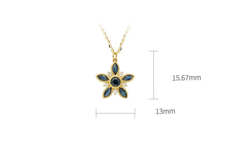 18K yellow gold teal sapphire pendant necklace vintage blue sapphire diamond pendant necklace floral necklace engagement gift for women - PENFINE
