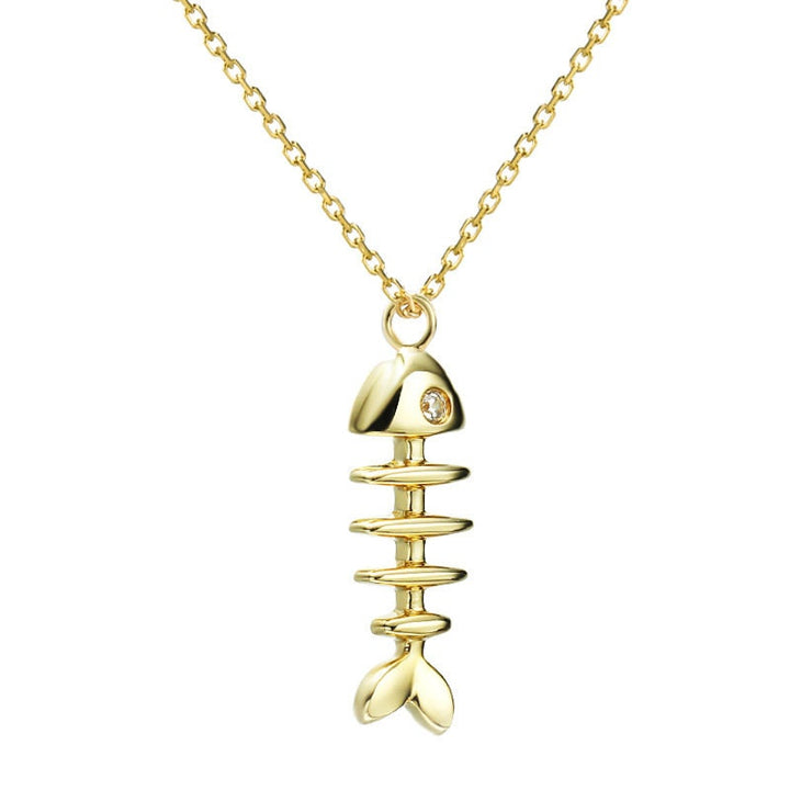 Dainty Fishbone Necklace Unique Fish Pendant 9K/14K/18K Yellow Gold Fish Necklace Fish Bone Necklace Vintage Fish Charm Christian Necklace - PENFINE