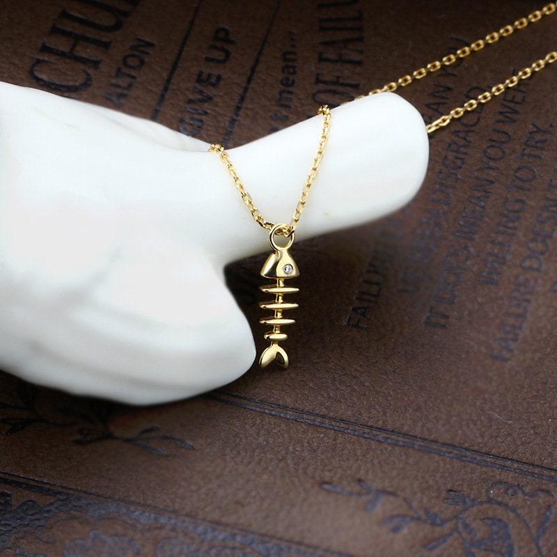 Dainty Fishbone Necklace Unique Fish Pendant 9K/14K/18K Yellow Gold Fish Necklace Fish Bone Necklace Vintage Fish Charm Christian Necklace - PENFINE