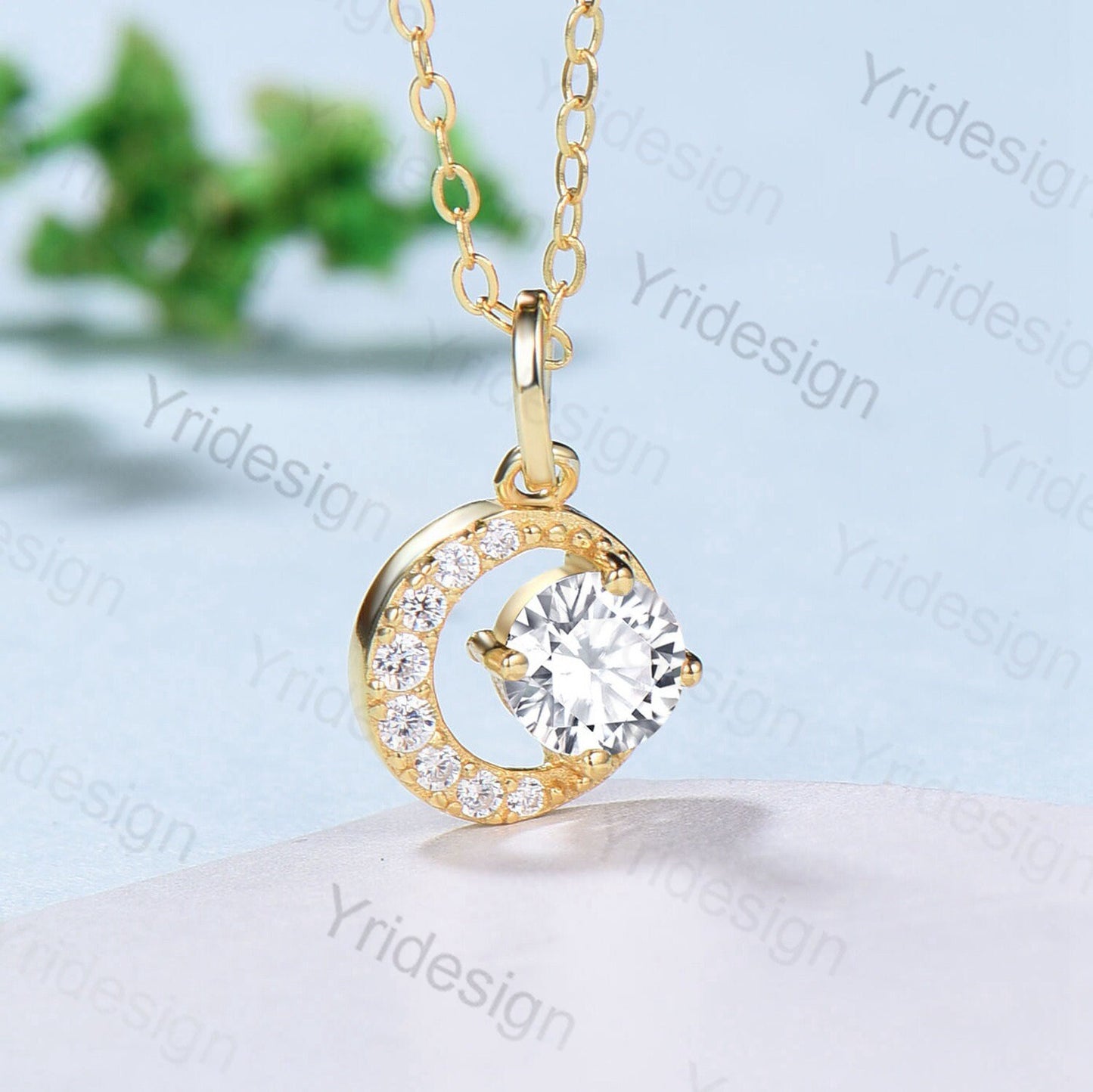 Dainty moissanite pendant necklace vintage moon pendant necklace silver rose gold necklace delicate Handmade Engagement Gift For Women Her - PENFINE