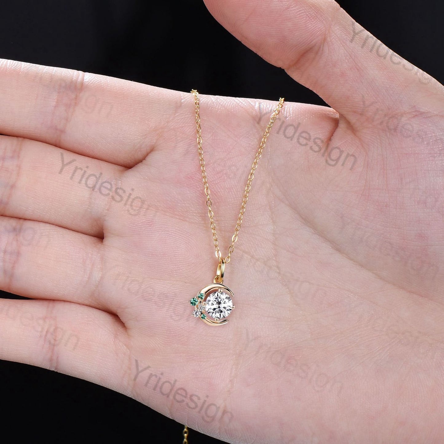 Vintage Crescent moon Moissanite pendant necklace unique celestial moon pendant necklace emerald necklace delicate Handmade Gift For Women - PENFINE