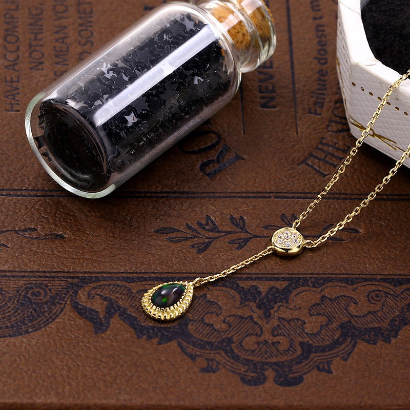 Vintage black opal pendant necklace Unique fire black opal solid 9k/14k/18k yellow gold pendant floral moissanite pendant necklace for girl - PENFINE