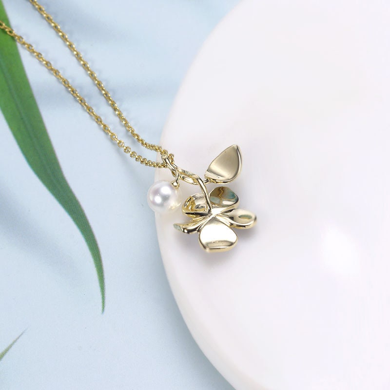 Nature inspired pearl pendant necklace vintage leaves flower pendant 9k/14k/18k yellow gold enamel pendant necklace promise gift for women - PENFINE